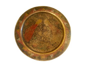 Vintage Etched Brass Peacock Plate - Hand-Engraved Indian Metal Art - Ornate Floral Wall Decor with Red Enamel Accents - Boho Ethnic Tray