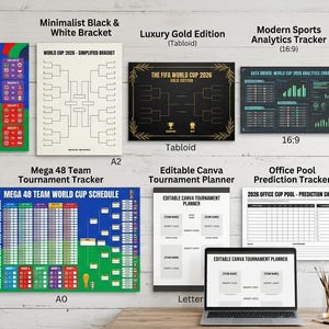 May include: A collection of World Cup 2026 tournament trackers, brackets, and prediction sheets displayed as posters and digital templates. The designs include various layouts like the Ultimate Wall Tracker, Luxury Gold Edition, and Kids Activity Poster, featuring football graphics, team schedules, and score grids in multiple colour schemes.