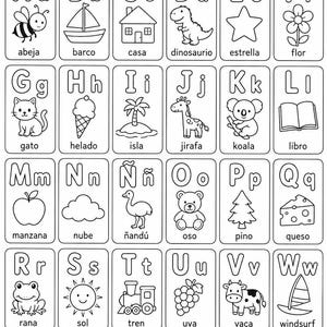 Può includere: Un foglio da colorare educativo in bianco e nero intitolato EL ALFABETO ESPAÑOL. Presenta una griglia di lettere dalla A alla Z, ciascuna abbinata a un'illustrazione e a una parola spagnola corrispondente, come abeja per A, barco per B e zapato per Z.