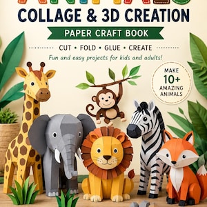 Puede incluir: Un libro de manualidades en papel titulado My Animals Collage & 3D Creation con instrucciones para cortar, doblar y pegar más de 10 animales, incluyendo una jirafa, un elefante, un mono, un león, una cebra y un zorro, con iconos de pasos.