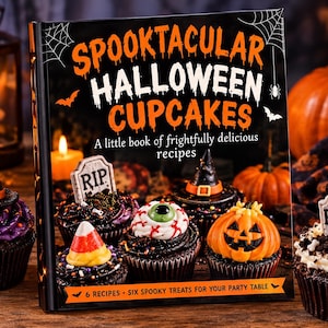 Op de afbeelding: Een hardcover kookboek met de titel Spooktacular Halloween Cupcakes: A little book of frightfully delicious recipes. De zwarte kaft bevat illustraties van cupcakes versierd met grafstenen, oogballen en pompoenen, met oranje tekst.