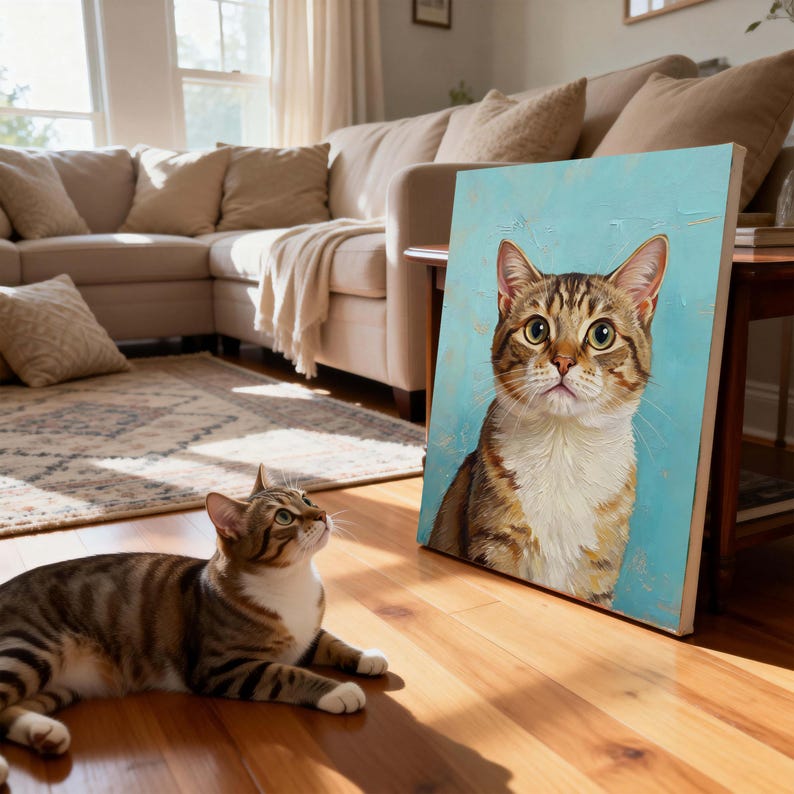 May include: A tabby cat lies on a wooden floor, looking up at a portrait of a similar cat. The painting features a close-up of a cat with brown and white fur against a light blue background. The scene is set in a living room.