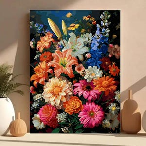 Floral paint by numbers, DIY flower painting kit, Color by number bouquet, Lily and daisy painting, Paint by numbers kit for adults
