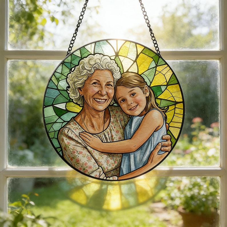 Custom Stained Glass Family Portrait Suncatcher, Personalized Window Hanging Keepsake from Photo, Memorial Gift for Grandma, Family Gift image 3