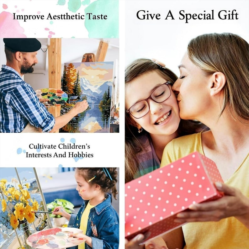 May include: Image promoting painting as a hobby and gift. A man paints a landscape, a girl paints flowers, and a woman gives a gift to a girl. Text reads "Improve Aesthetic Taste", "Give a Special Gift", and "Cultivate Children's Interests and Hobbies."