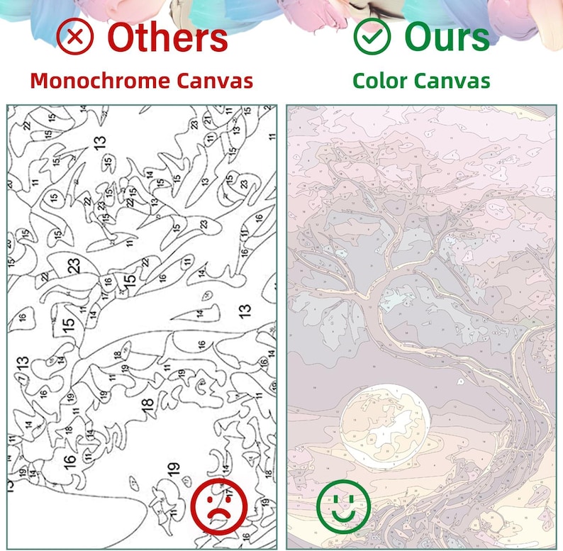 May include: Comparison of two paint-by-number canvases. One is a monochrome canvas with a tree design, marked with a red "X" and the text "Others". The other is a color canvas with a tree and moon design, marked with a green check and the text "Ours".