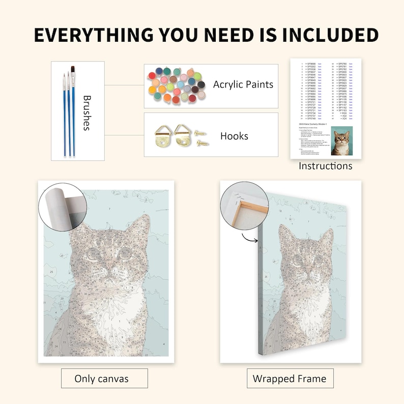 May include: A paint-by-numbers kit featuring a cat portrait. The kit includes brushes, acrylic paints, hooks, and instructions. The canvas is available as a rolled canvas or a wrapped frame. The text reads: EVERYTHING YOU NEED IS INCLUDED.