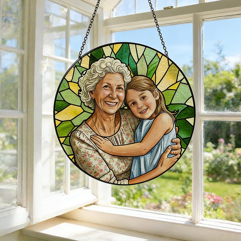 Custom Stained Glass Family Portrait Suncatcher, Personalized Window Hanging Keepsake from Photo, Memorial Gift for Grandma, Family Gift image 4