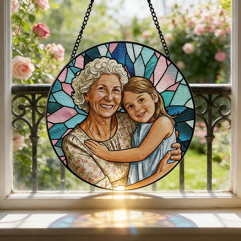Custom Stained Glass Family Portrait Suncatcher, Personalized Window Hanging Keepsake from Photo, Memorial Gift for Grandma, Family Gift image 5