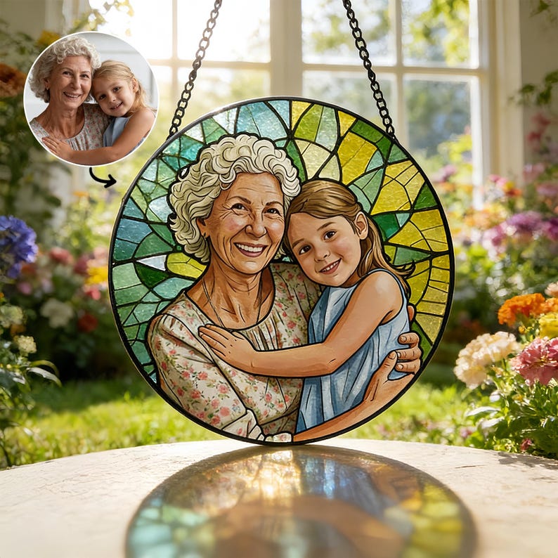 Custom Stained Glass Family Portrait Suncatcher, Personalized Window Hanging Keepsake from Photo, Memorial Gift for Grandma, Family Gift image 2