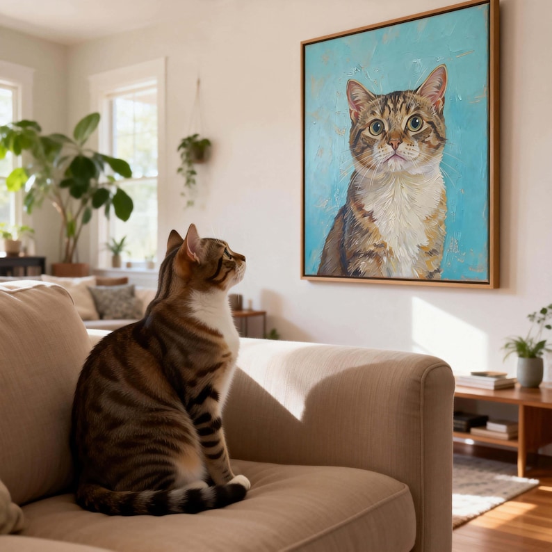 May include: A tabby cat sits on a beige sofa, gazing up at a framed painting of a similar cat. The painting features a close-up portrait of a tabby cat against a light blue background. The room has natural light and indoor plants.