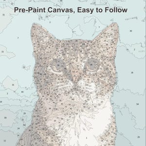 May include: A paint-by-numbers canvas featuring a cat's face, with numbered sections for color application. The text "Pre-Paint Canvas, Easy to Follow" is at the top. The cat's face is in shades of beige and gray.
