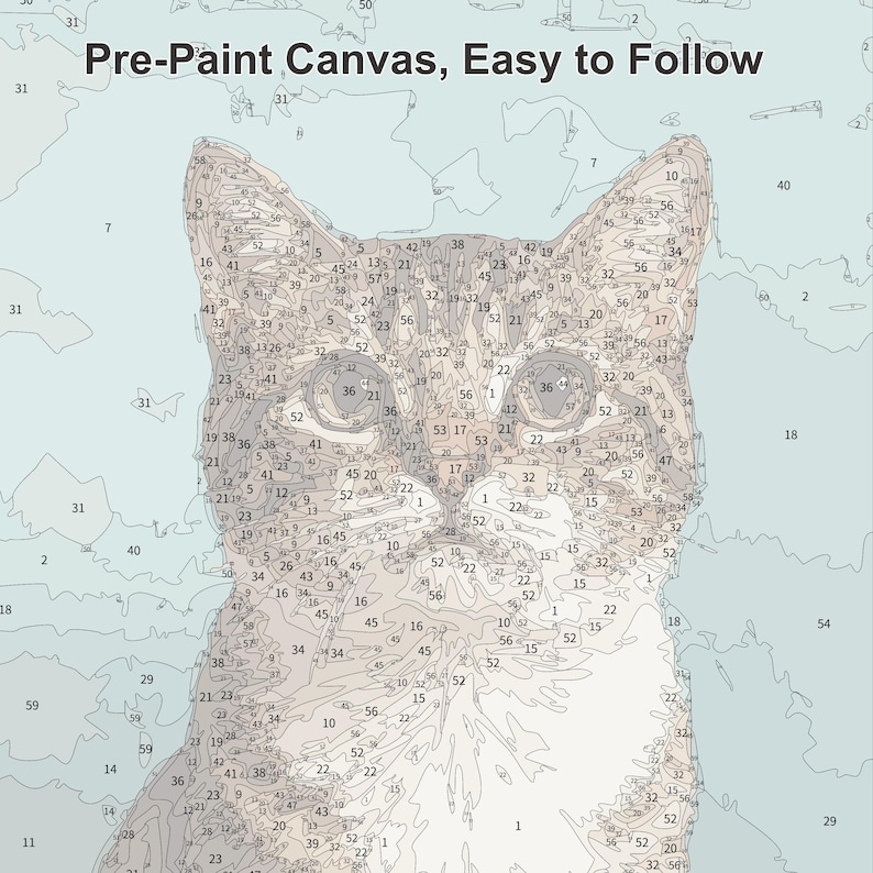 May include: A paint-by-numbers canvas featuring a cat's face, with numbered sections for color application. The text "Pre-Paint Canvas, Easy to Follow" is at the top. The cat's face is in shades of beige and gray.