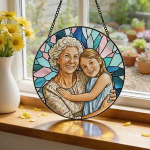 Custom Stained Glass Family Portrait Suncatcher, Personalized Window Hanging Keepsake from Photo, Memorial Gift for Grandma, Family Gift image 1