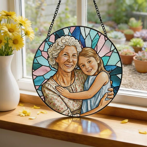 Custom Stained Glass Family Portrait Suncatcher, Personalized Window Hanging Keepsake from Photo, Memorial Gift for Grandma, Family Art