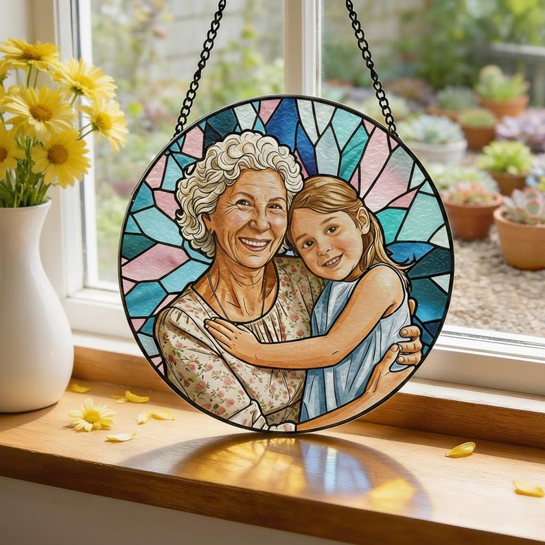 Custom Stained Glass Family Portrait Suncatcher, Personalized Window Hanging Keepsake from Photo, Memorial Gift for Grandma, Family Gift image 1