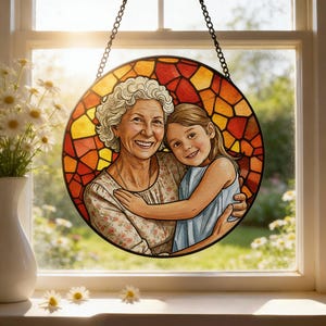Custom Stained Glass Family Portrait Suncatcher, Personalized Window Hanging Keepsake from Photo, Memorial Gift for Grandma, Family Gift image 7