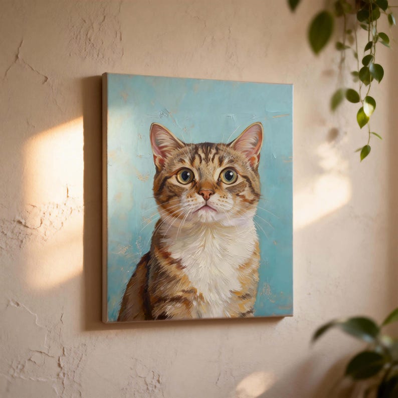 May include: A canvas print featuring a detailed portrait of a tabby cat. The cat has brown and tan stripes, with a white chest and a focused gaze. The background is a soft, light blue, creating a serene and artistic feel.