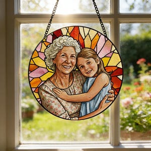 Custom Stained Glass Family Portrait Suncatcher, Personalized Window Hanging Keepsake from Photo, Memorial Gift for Grandma, Family Gift image 6