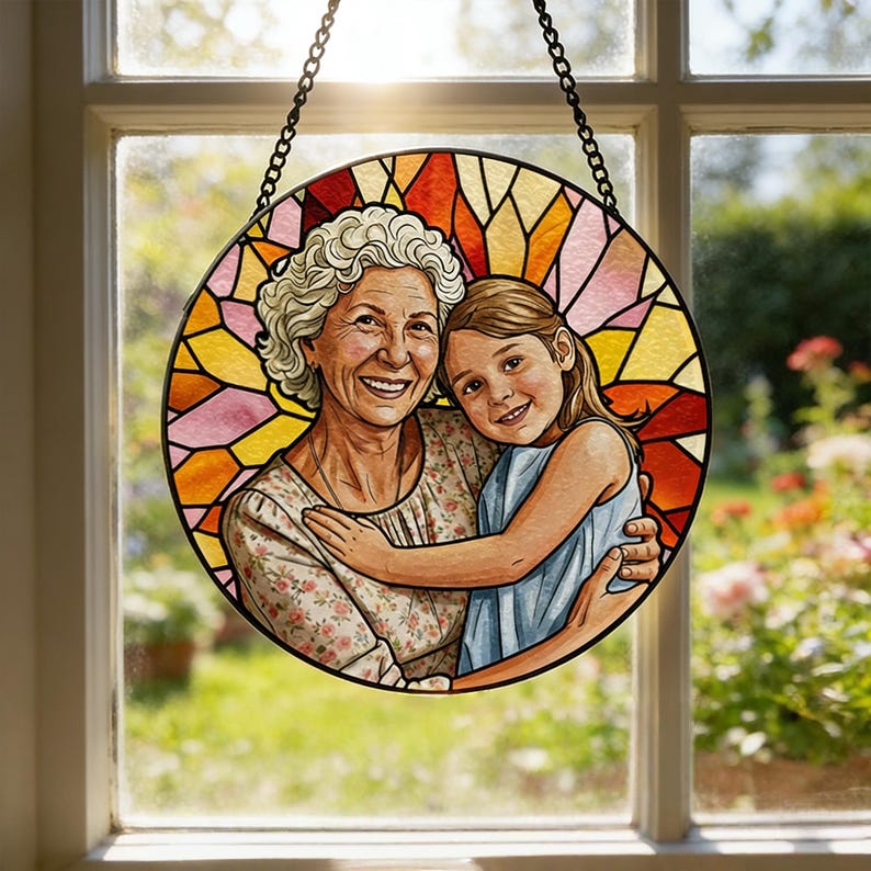 Custom Stained Glass Family Portrait Suncatcher, Personalized Window Hanging Keepsake from Photo, Memorial Gift for Grandma, Family Gift image 6