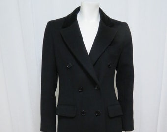 Gerald McCann 1970's lux double breasted black wool coat with velvet collar S-XS