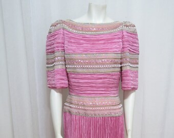 Mary McFadden couture rose Fortuny pleated beaded dress size M