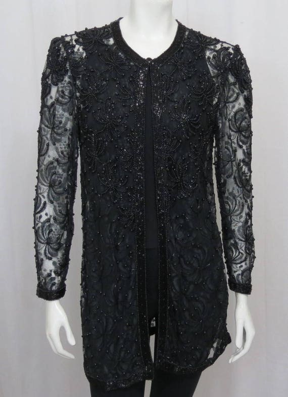 1970's long black beaded lace jacket size M-L - image 3