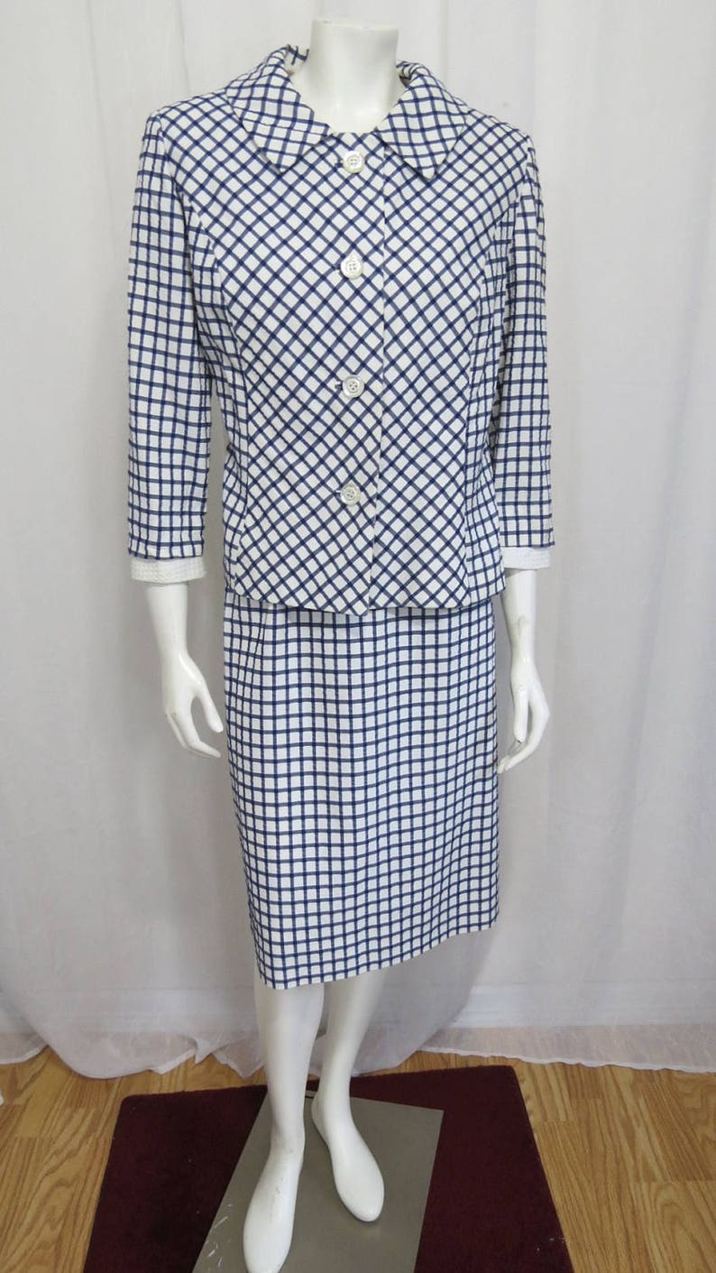 1960/'s David Crystal adorable navy and white check seersucker skirt suit size ML