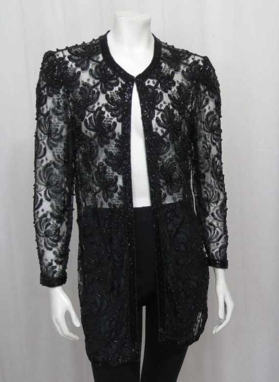 1970's long black beaded lace jacket size M-L - image 4