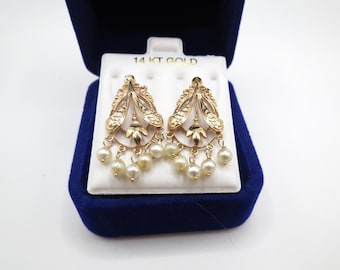 Antique solid 14k gold and natural pearl chandelier earrings