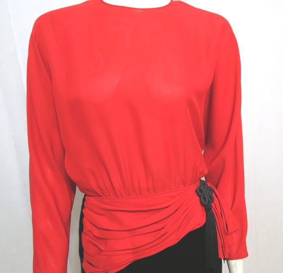 Akris, Akris Switzerland red silk and black silk velvet designer dress size S
