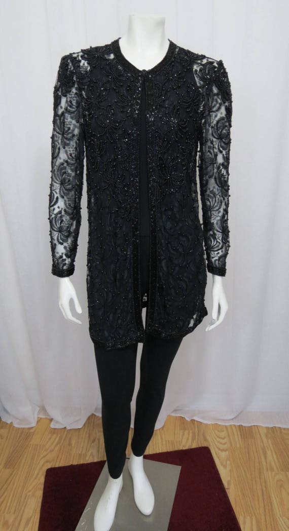 1970's long black beaded lace jacket size M-L - image 2