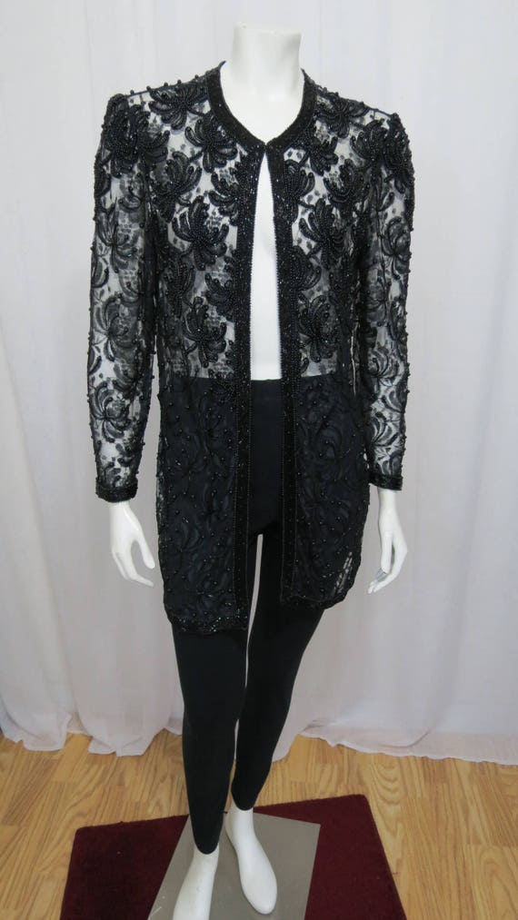 1970's long black beaded lace jacket size M-L