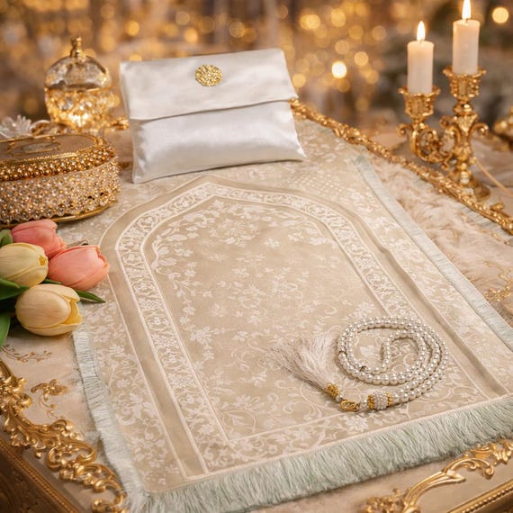 Portable Prayer Mat Set | Luxury Travel Salah Mat with Tasbeeh | Ramadan & Eid Gift for Muslims
