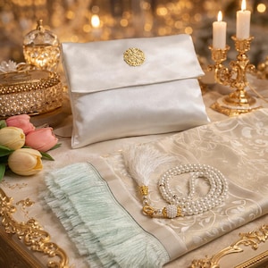 May include: A white satin clutch with a gold circular embellishment, resting on a patterned fabric. A white beaded rosary and a decorative tassel are also present. The scene includes candles and a gold decorative box.