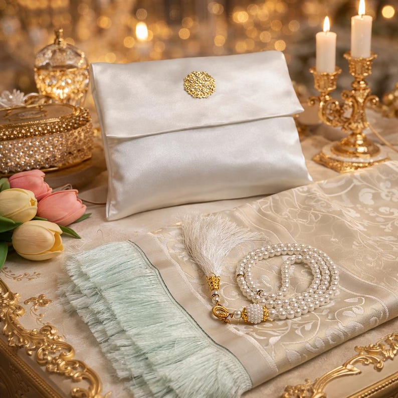 May include: A white satin clutch with a gold circular embellishment, resting on a patterned fabric. A white beaded rosary and a decorative tassel are also present. The scene includes candles and a gold decorative box.