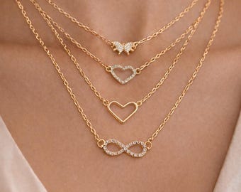Gold Layered Necklace Set, Rhinestone Bow, Heart, Infinity Charms