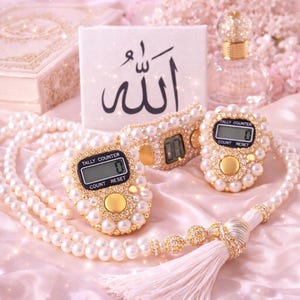Lyxig vit Tasbeeh/tasbih med digital räknare – Pärlfärgade islamiska bönepärlor, elegant Dhikr-räknare, umrah, Ramadan-present till muslimska kvinnor