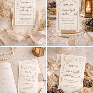 May include: Cream-colored Iftar Du'a cards with Arabic calligraphy and English translation, featuring a crescent moon design. The cards are displayed with dates, pens, and decorative elements, creating a festive arrangement.