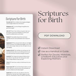 Könnte beinhalten: Digitaler Download "Schriften zur Geburt" mit Bibelversen. Das Design umfasst eine sanfte Farbpalette und den Text "PDF DOWNLOAD". Es ist für Doulas, Hebammen und werdende Mütter gedacht.