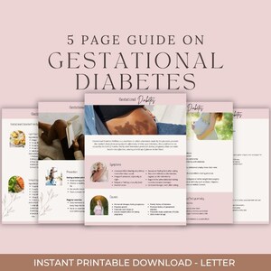 Op de afbeelding: Een 5 pagina's tellende gids over zwangerschapsdiabetes. De gids bevat afbeeldingen van voedsel, lichaamsbeweging en zwangere vrouwen. De tekst bevat informatie over symptomen, oorzaken en preventie. Direct printbare download.
