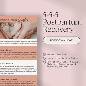 Könnte beinhalten: Ein digitaler Leitfaden mit dem Titel "5-5-5 Postpartum Recovery" in Pfirsich- und Weißtönen. Der Leitfaden enthält Text zur postpartalen Erholung, eine PDF-Download-Schaltfläche und eine Liste von Funktionen. Das Bild enthält auch ein Foto von Händen einer Mutter und Füßen eines Babys.