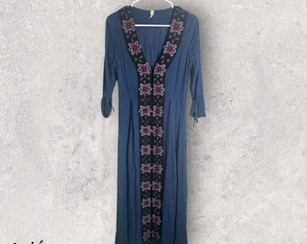 Free People Embroidered Midi Dress: Navy Boho Rayon, Size 6
