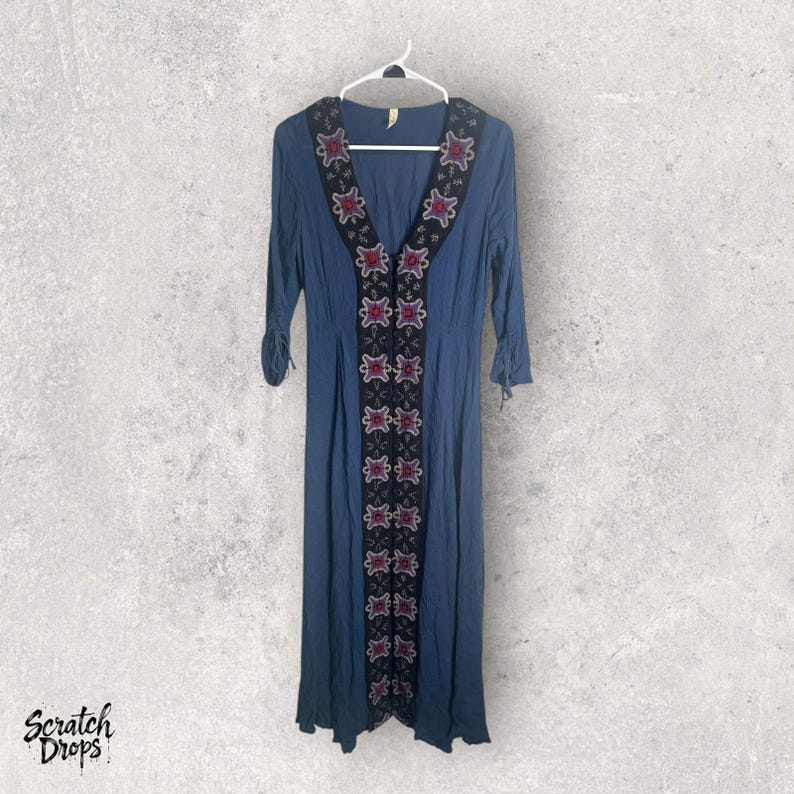 Free People Embroidered Midi Dress: Navy Boho Rayon, Size 6 image 1