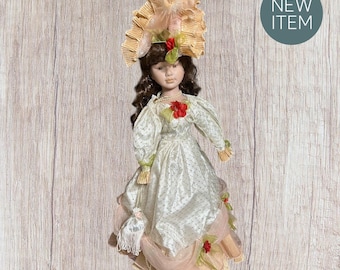 25” Victorian Porcelain Doll w/ Stand – Ivory & Peach Gown, Curly Hair