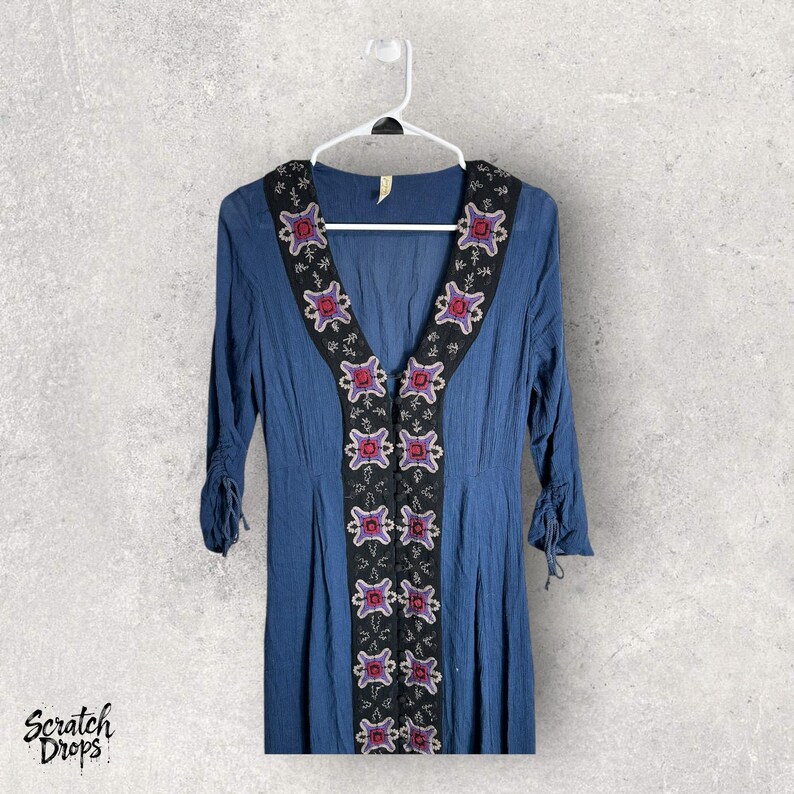 Free People Embroidered Midi Dress: Navy Boho Rayon, Size 6 image 4