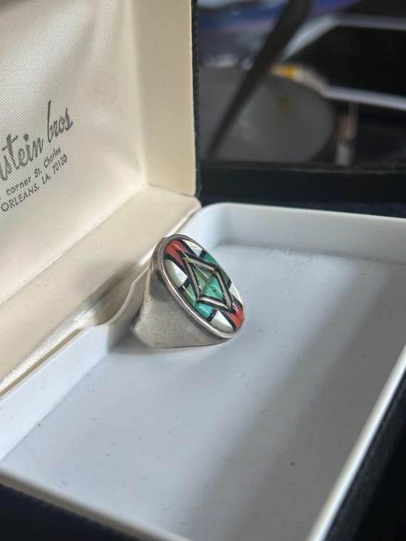 Zuni Inlaid Ring .925 Silver Gemstone Artist Nativ