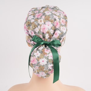 Pink Floral Ponytail Scrub Cap: Cotton Surgical Hat with Buttons