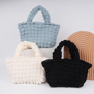 Mini Zipper Tote Purse,Cute Bubble Bag,Canvas Lining,Pleated Cloud Bag,Top Handle Bag,Women Fabric Handbag,Puffer Tote Bag,Busy Bag