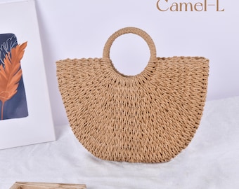 Boho Straw Top Handle Tote,Women Drawstring Purse with Pocket,Summer Beach Wedding/Bachelor Party Favor-S/L